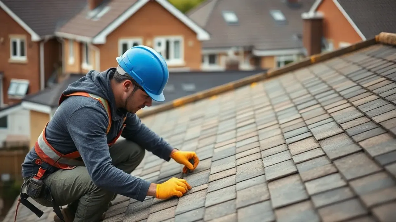 Two professionals working on Rogerstone suburban roof repair near Newport
